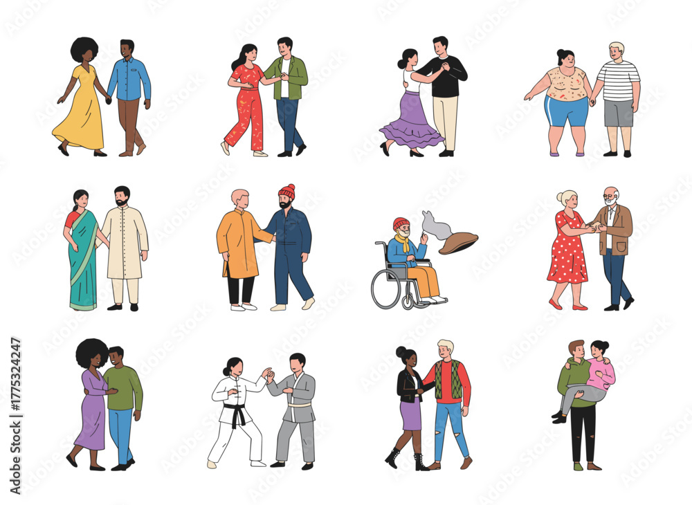 Naklejka premium A flat cartoon vector illustration featuring a group of teenage couples holding hands and walking together on a white background, showcasing men and women in love