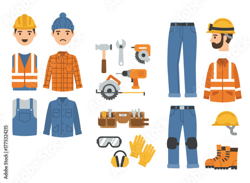 Technical worker creation kit: a set of flat male cartoon character body parts, skin tones, facial expressions, clothing, tools, and accessories, all isolated on a white background, rendered as
