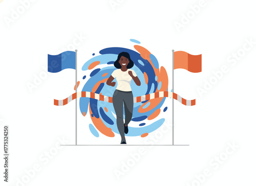 A cheerful office employee or clerk leaping over a barrier, symbolizing resilience, triumphing over challenges, and succeeding in a professional contest, rendered in a contemporary flat vector style