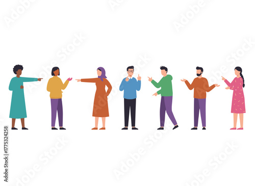 Joyful individuals point at something with their fingers, demonstrating and presenting a product through hand gestures, while presenters showcase items using devices, all depicted in flat vector