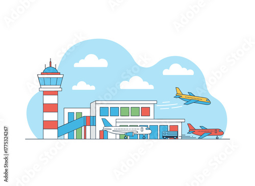 Colorful lineart vector illustration featuring an airport terminal and airplanes