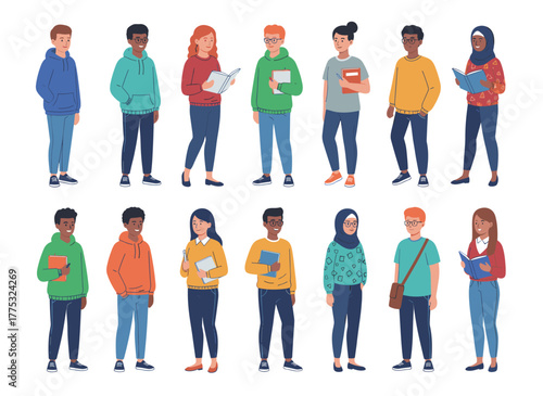 A flat vector illustration of a corporate team of happy office workers standing together, depicted as a group portrait against a white background