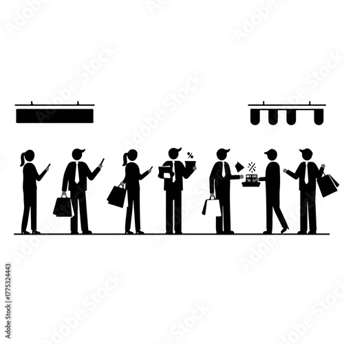 Silhouette of a line of businesspeople commuting to work with briefcases and coffee in an urban setting with a minimalist white background.