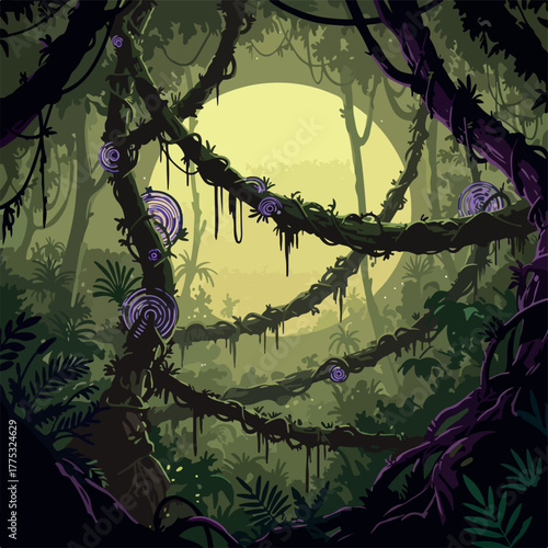 Illustration of a mystical jungle scene with glowing purple mushrooms on twisted tree branches under a full moon with a dark, mystical atmosphere.