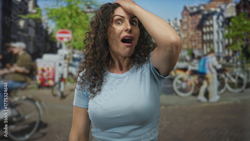 Obraz na plátně Hispanic woman touches her hair with a raised hand on a sunny urban street lined with bicycles; surprise