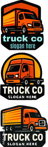 Three truck company logo variations with orange trucks and slogan text.