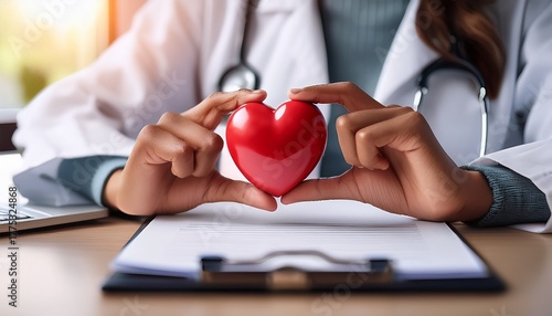 close up hand of doctor hold heart shape and checking on paper