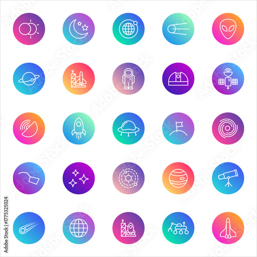 Space, astronomy, exploration. Vector set of 25 round gradient icons featuring rockets, planets, astronauts, telescopes, satellites, galaxies, and cosmic elements for UI and science design.