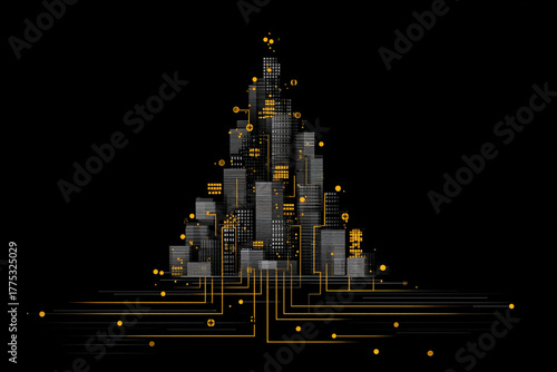 Christmas Tree-Shaped Futuristic Cityscape with Glowing Yellow Lights