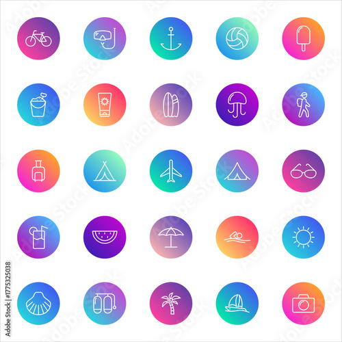 Summer, beach, vacation. Vector set of 25 round gradient icons featuring travel, sea, sports, drinks, food, and leisure activities for holiday, tourism, and lifestyle design.