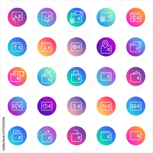 Finance, wallet, money. Vector set of 25 round gradient icons featuring wallets, credit cards, shopping, currency, transactions, and financial tools for apps, banking, and e-commerce design.