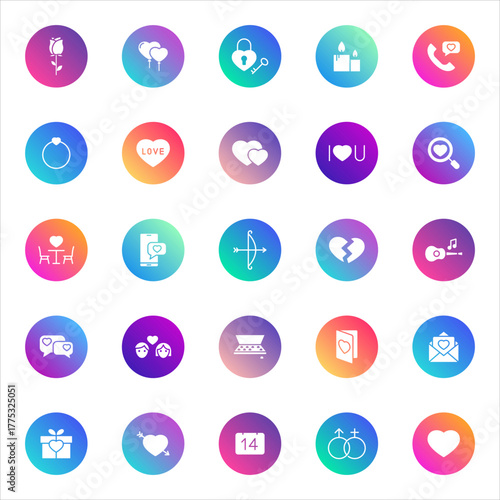 Love, romance, relationships. Vector set of 25 round gradient icons featuring hearts, gifts, rings, roses, balloons, and romantic symbols for Valentine Day, dating, and celebration design.