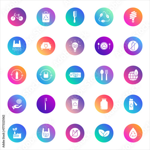 Eco, sustainability, green living. Vector set of 25 round gradient icons featuring recycling, energy saving, eco shopping, water conservation, and nature care for environmental design.