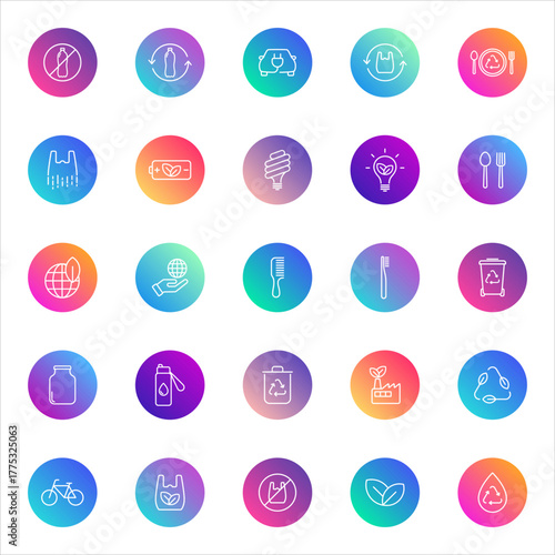 Eco, sustainability, health. Vector set of 25 round gradient icons featuring recycling, green living, food, wellness, and eco-friendly lifestyle symbols for apps, UI, and environmental design.