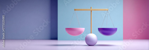 Colorful balance scale with pink and purple bowls, set against a minimalist background of soft pastel colors, symbolizing equality and justice in a modern design context