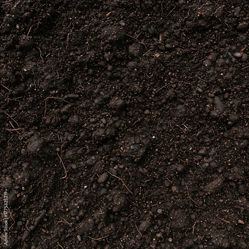 Close Up of Dark Soil Texture with Rootlets for Gardening