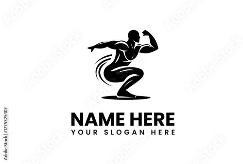 Vector silhouette of a powerful muscular athlete in a dynamic squatting pose. A symbol of strength for gym, fitness, and bodybuilding branding 61