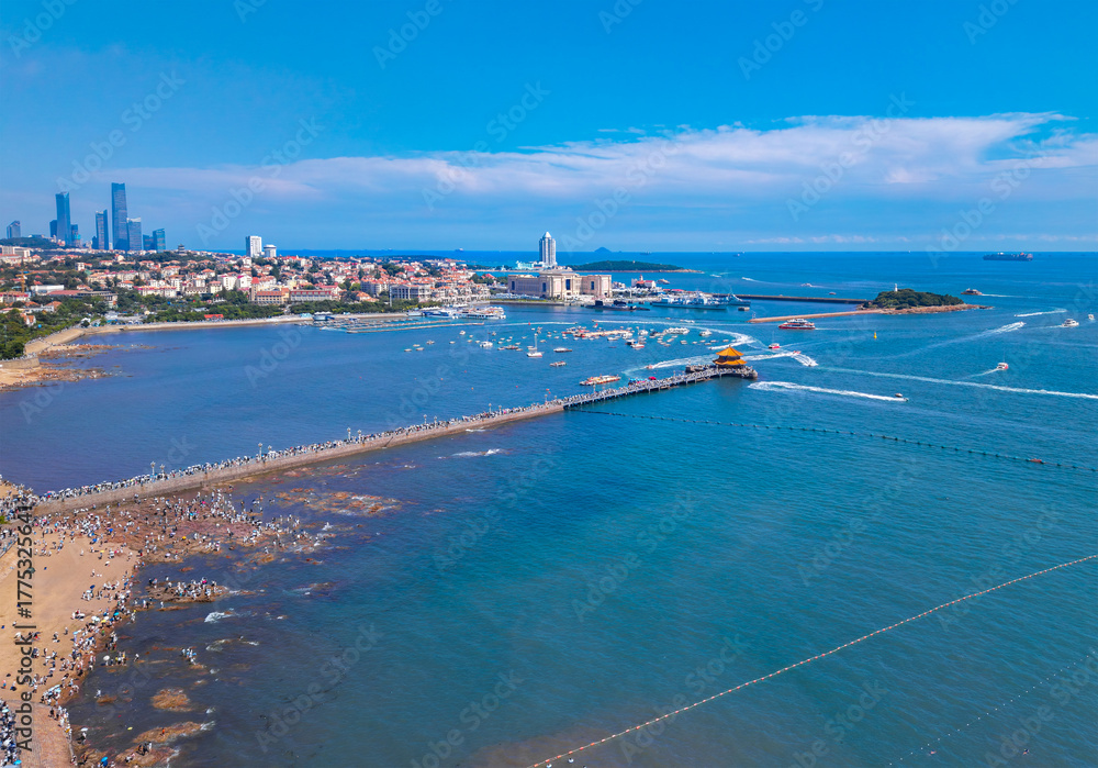 Fototapeta premium Aerial view of Zhanqiao Scenic Area in Qingdao, China