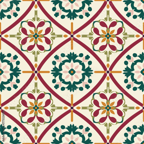 seamless repeating pattern inspired by vintage encaustic cement or hydraulic tiles. Features a stylized floral and geometric. Great for floor, wall decor, textile, and packaging.