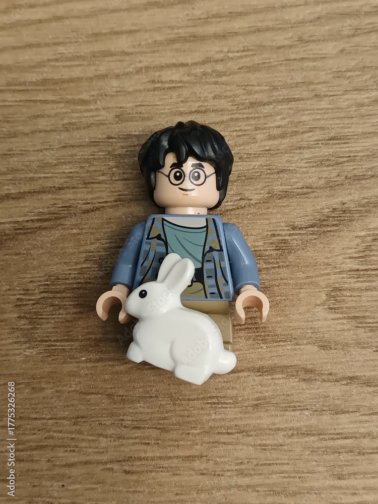 Naklejka premium Lego Harry Potter Minifigure with a White Rabbit Toy on a Wooden Surface Playtime Fun