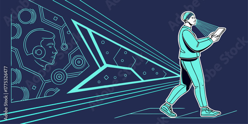 Neon blue futuristic frames and portals, digital AI HUD vector elements for user interface or sci-fi game design.