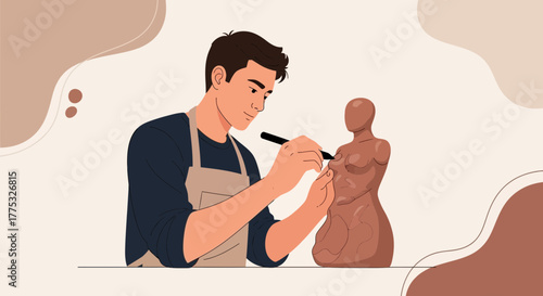 Sculptor Crafting A Clay Statuesque Figure With Dedicated Artistic Precision