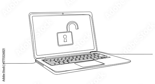 A single continuous one line drawing of an open laptop displaying an unlocked padlock, representing cybersecurity and granted access