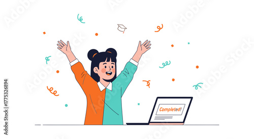 Online Education Success: Joyful Graduation Celebration with Laptop and Festive Confetti