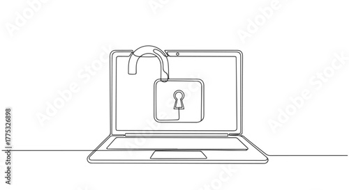 One line continuous drawing of an unlocked laptop with a padlock on screen, representing cybersecurity