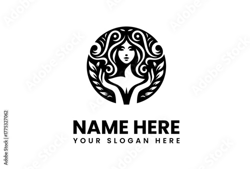 Abstract circular emblem with a beautiful feminine figure, symbolizing beauty, nature, and growth, ideal for holistic or artistic businesses