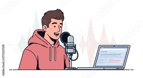 Online Recording Scene: Man With Microphone And Laptop Creating Audio Content