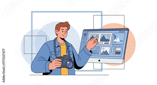 Photographer Reviewing Photos On The Computer, Choosing Pictures And Editing Images