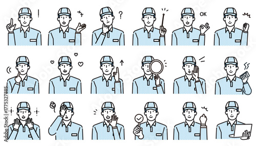 ビジネス-帽子をかぶる運送業の男性アバター上半身ーシンプルアイコンセットベクターイラスト素材