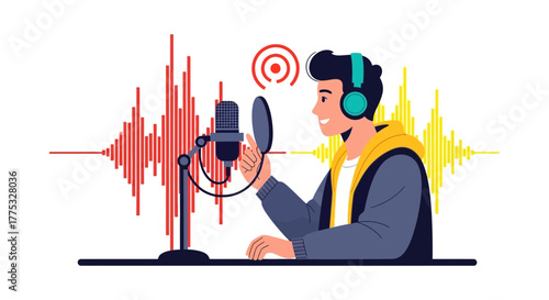 Podcast Recording Process Illustration with Sound Waves And a Smiling Man With Headphones