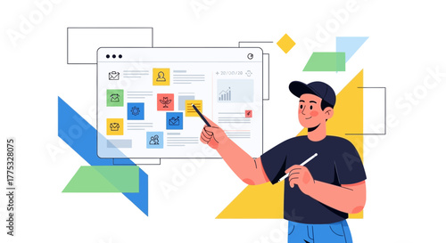 Presenter Illustrating Digital Interface Using Stylus and Modern Geometric Elements