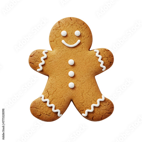 Classic smiling gingerbread man cookie with white icing decoration.