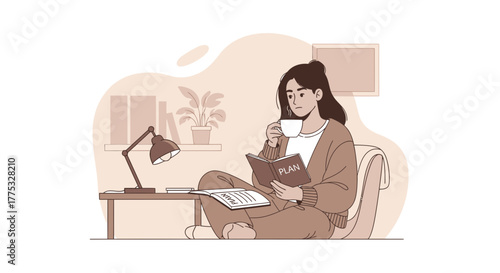 Relaxed Individual Reading Plan Book While Enjoying Beverage and Contemplating Goals