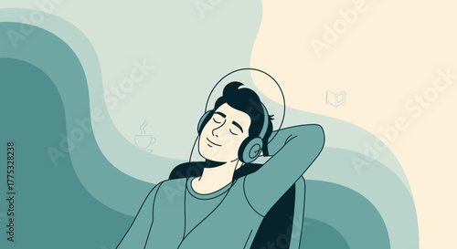 Relaxed Man Listening Music and Enjoying Calmness with Headphones and Peaceful Face