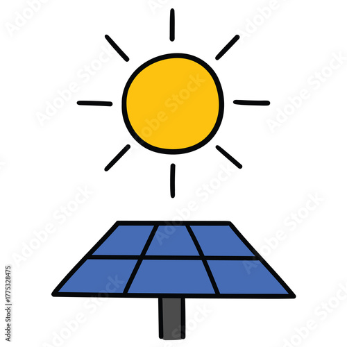 Hand-drawn cartoon solar panel with sun on a white background.
