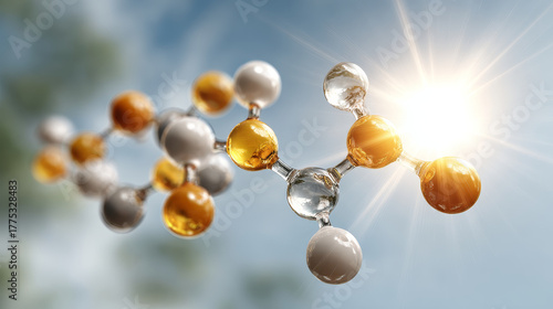 Vitamin D supplementation concept , molecule sunlight energy transformation golden transparent science nature, molecule glows