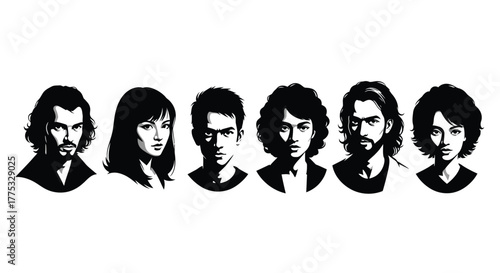 Silhouetted Portraits A Collection of Human Faces with Diverse Hairstyles and Features in Monochrome