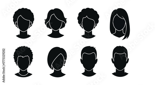 Set of eight black silhouette hairstyles for women and men, presented on a white background