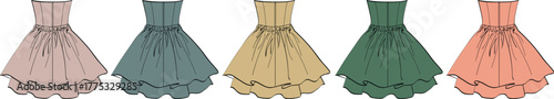 A vibrant assortment of elegant women's cocktail dresses in various colors, showcasing a classic design with layered, ruffled skirts for formal events