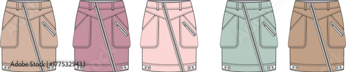Fashionable collection of women's skirts in various pastel colors and styles, showcasing modern apparel design
