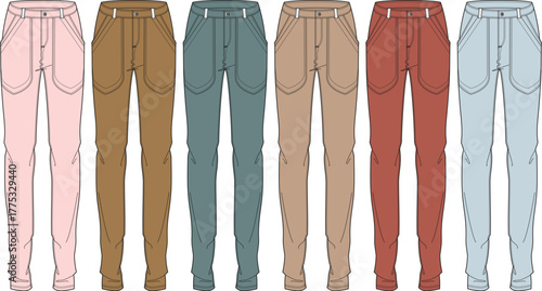 Collection of colorful casual pants a diverse range of trousers, ideal for fashion design and apparel