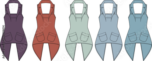 A vibrant collection of stylish hospitality aprons in various colors, designed for chefs, waiters, and culinary professionals working in modern restaurant and cafe environments