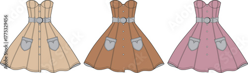 Three women's vintage-style dresses in different colors with belted waists and pocket details