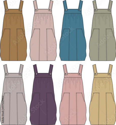 Collection of various colored pinafore dresses with pockets and adjustable straps, depicted in a flat illustration style against a white background