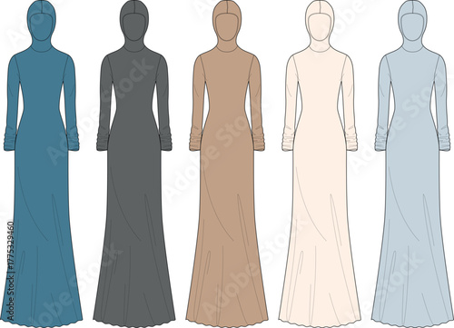 Vector illustration set of modern modest dresses with an integrated hijab. A collection of long-sleeved, high-neck maxi gown fashion design templates