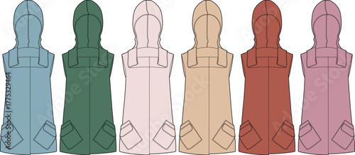 Collection of sleeveless hooded vests with pockets in various colors including teal, green, blush pink, beige, red, and light pink